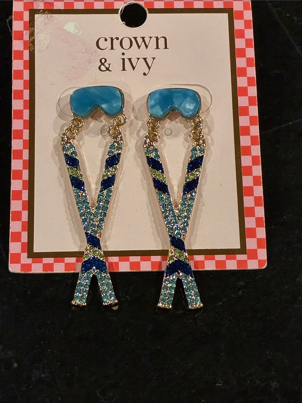NWT crown & ivy Ski Blue and Aqua Rhinestone Twisted Drop Earrings